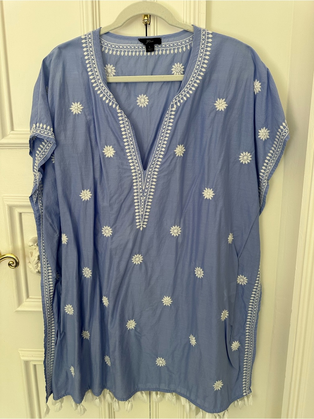 J. Crew Embroidered Tassel Caftan Top - Light Blue - Picture 2 of 2